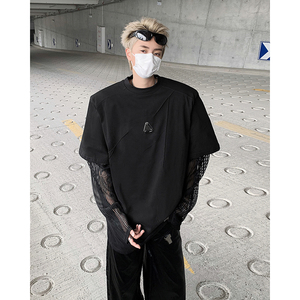 现货！25夏男士假两件垫肩金属扣暗黑网纱短袖T恤DX82-P68图片