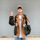 秋冬美式复古校园印花拼接短款毛呢大衣大码外套B288-MJ398-P145，男装毛呢大衣，电商B288