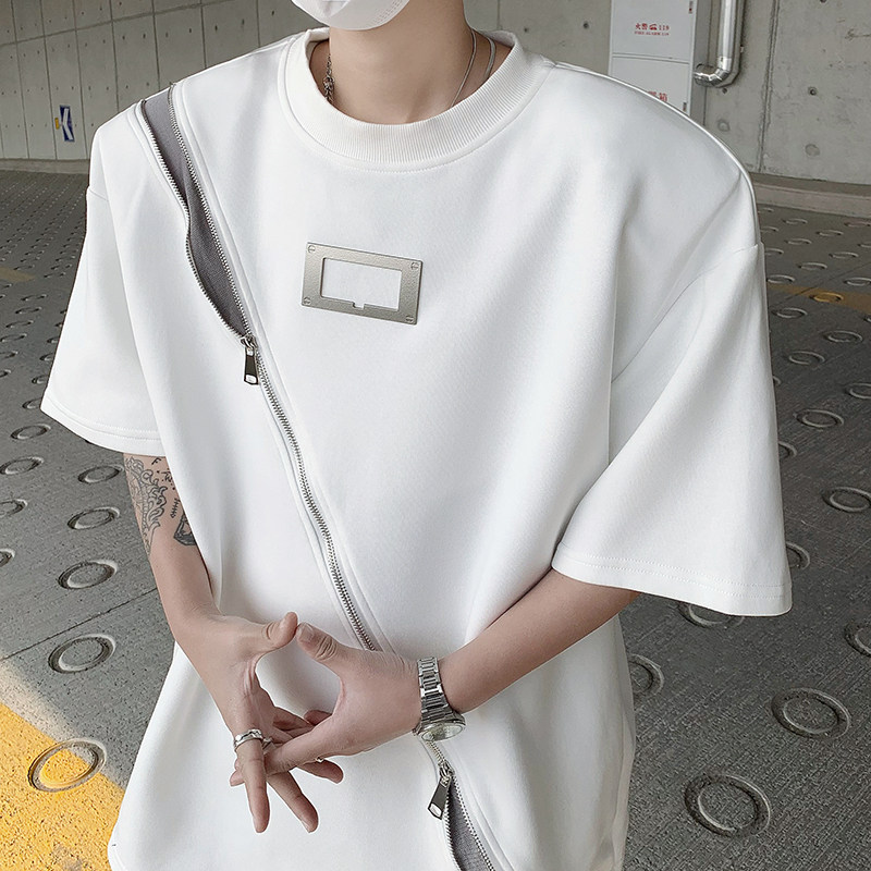 现货！25夏季男士拉链设计感拼接金属扣垫肩短袖T恤DX104-P75图片