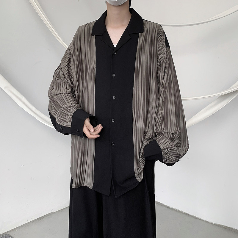 23春韩式ins轻熟风坑条肌理感拼接衬衫垂感宽松复古上衣CS04-P75,男装衬衫,电商B288