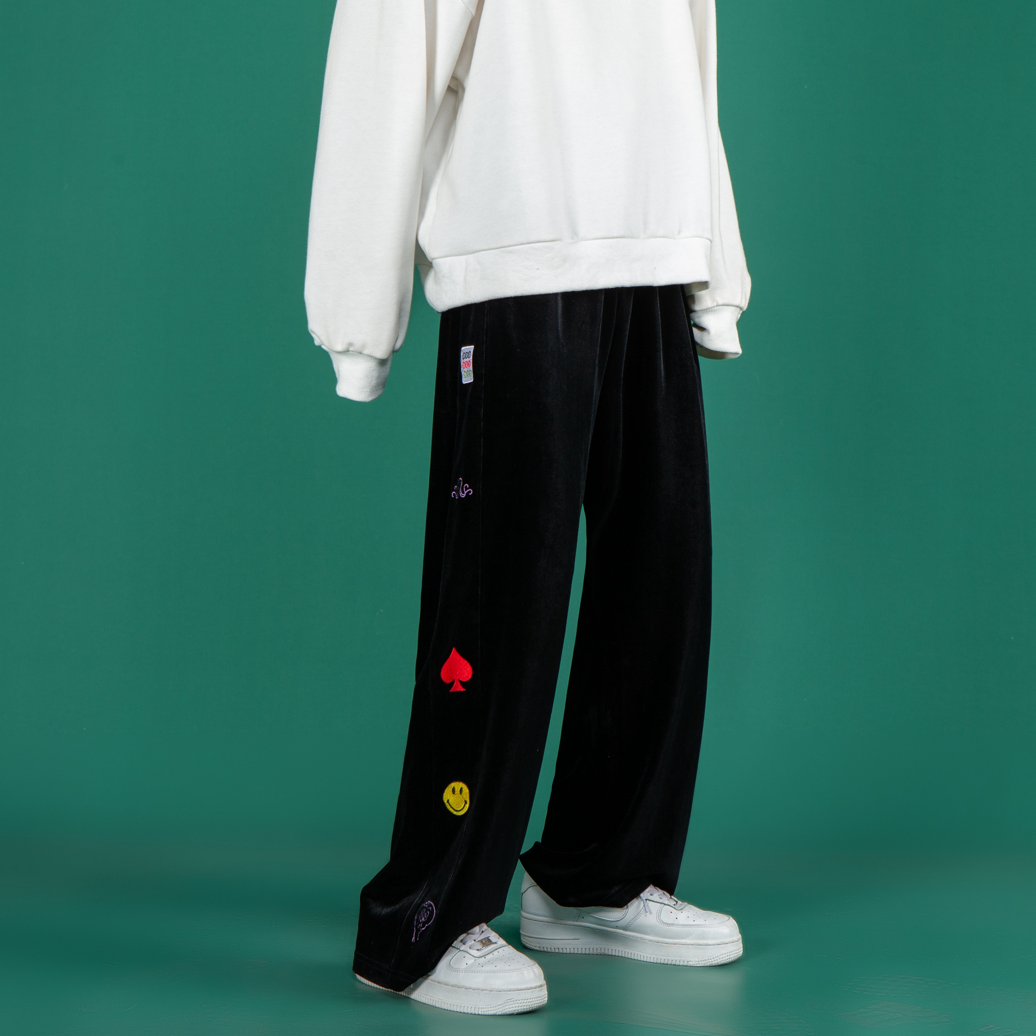 21新款丝绒刺绣串标卡通阔腿男女休闲拖地长裤b288-c,男装休闲裤,电商B288