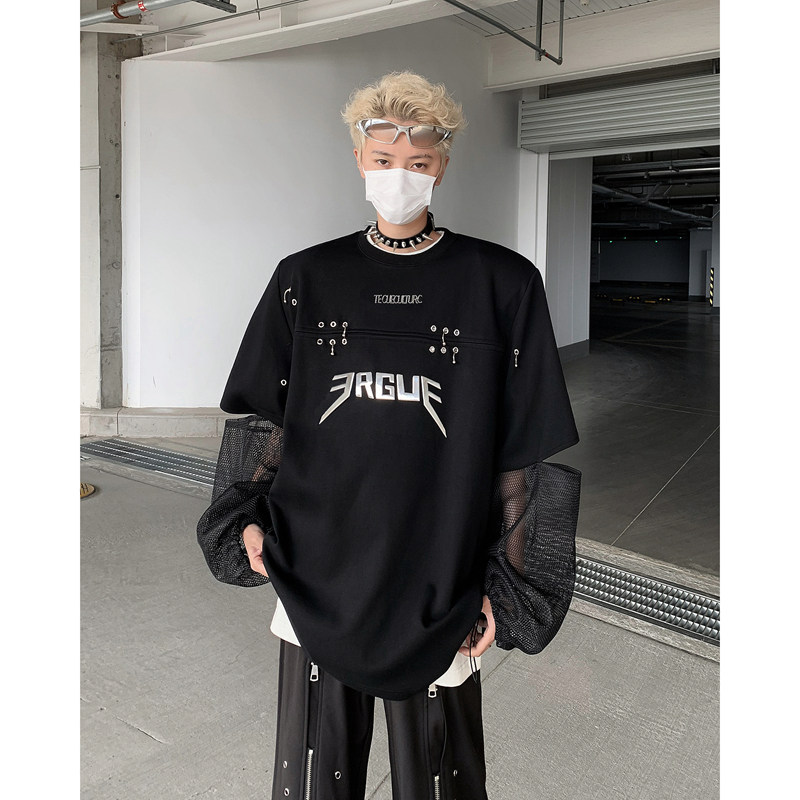 现货！25夏季男士网纱设计假两件金属垫肩T恤DX119-P88,男装T恤,电商B288