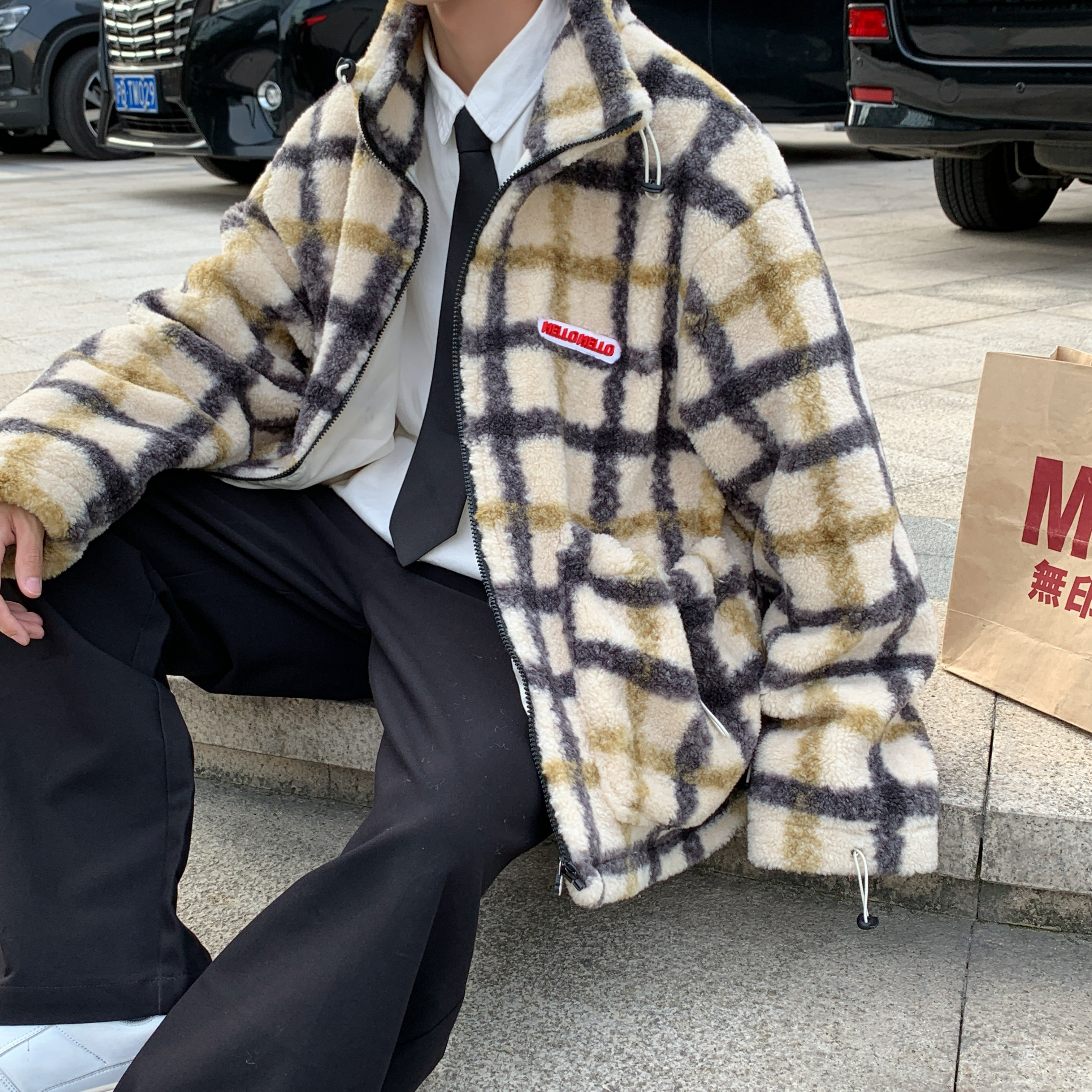 棉衣男港风宽松格子保暖加厚潮牌羊羔毛外套大衣B288-MJ400-P105图片