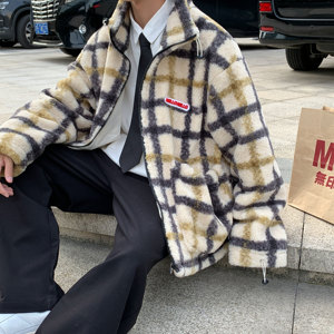 棉衣男港风宽松格子保暖加厚潮牌羊羔毛外套大衣B288-MJ400-P105图片