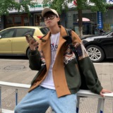 秋冬美式复古校园印花拼接短款毛呢大衣大码外套B288-MJ398-P145，男装毛呢大衣，电商B288