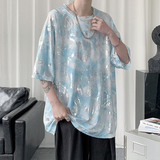 现货！港风小清新烫金短袖T恤冰丝宽松oversize仙仙半袖tx10-p35，男装T恤，电商B288