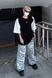 24夏季黑白拼接金属设计感垫肩先锋短袖T恤DX72-P68，男装T恤，电商B288