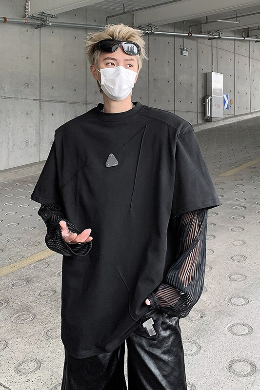 现货！25夏男士假两件垫肩金属扣暗黑网纱短袖T恤DX82-P68,男装T恤,电商B288
