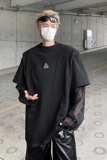 现货！25夏男士假两件垫肩金属扣暗黑网纱短袖T恤DX82-P68，男装T恤，电商B288