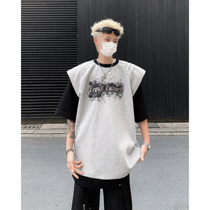 现货！25夏季男士假两件T恤设计感垫肩印花小飞袖短袖DX116-P78,男装T恤,电商B288