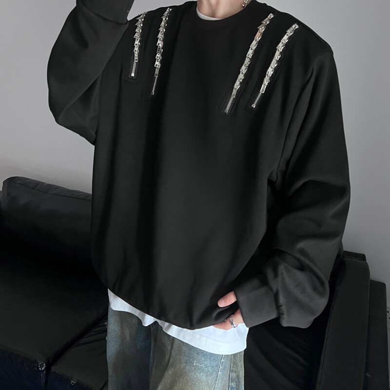 23秋冬男士设计感垫肩多拉链圆领内搭卫衣MJ944-P88现货,男装卫衣,电商B288
