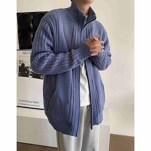现货 加厚加绒男装立领夹克坑条加肥加大码胖子针织开衫毛线衣特p图片