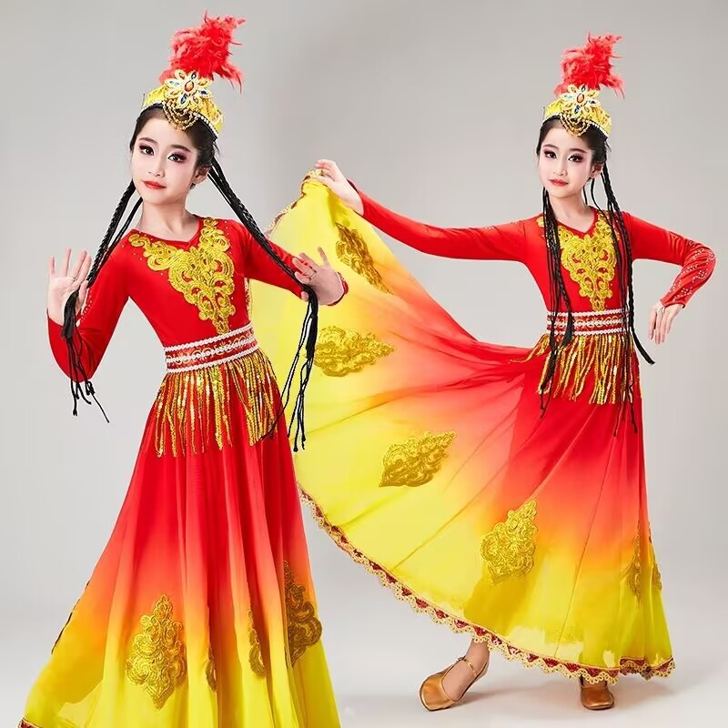 儿童新疆舞蹈服装演出服女新款少数民族维族舞大摆裙服饰表演套装