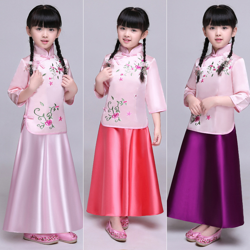 儿童古装民国装学生装女春季款女童绣花小姐装古筝演出写真表演服