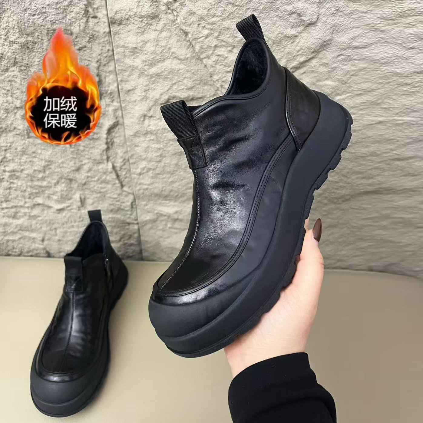 头层牛皮冬季加绒保暖中帮休闲皮鞋马丁靴男款潮流百搭真皮短靴子