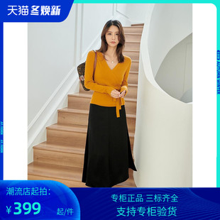 PG DVF连衣裙2023春秋装新款v领裹身裙女修身桔黄色上衣