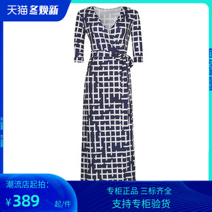 PG DVF连衣裙2023春秋新款v领系带显瘦裹身裙蓝色棋盘格子