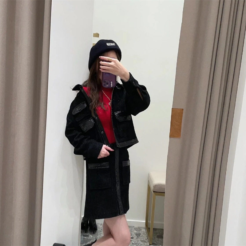 法式小众 22秋冬新款 粗花呢纹路个性拼皮短装外套+A字半裙