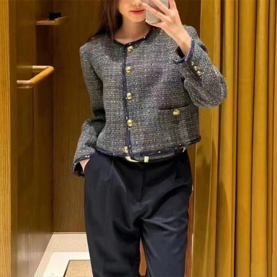 法式小众2024秋冬新款圆领拼色麻花辫粗花呢短款羊毛外套女