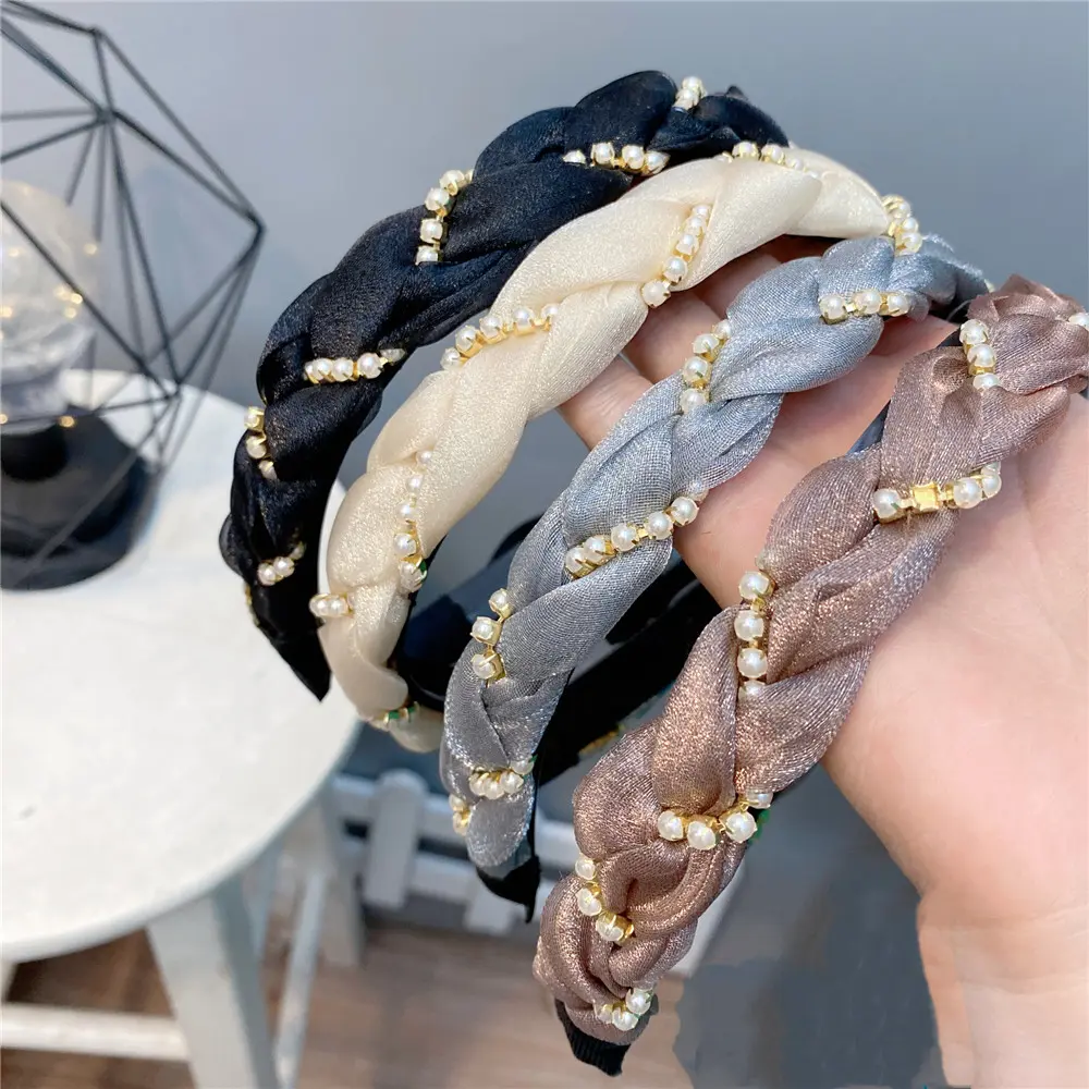 B079-1甜美ins风珍珠网纱麻花发箍 布艺小清新纯色带齿防滑头箍女