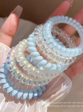 高级感蓝色电话线发圈女2023新款高弹力不勒头绳森系仙美皮筋发绳