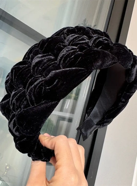 B064-1黑色金丝绒麻花辫子发箍新款宽边欧美发饰压发头箍女士配件