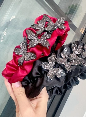 B113-3韩版缎面褶皱水钻蝴蝶发箍高级感轻奢风满钻发饰ins高颅顶