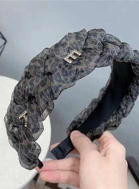 B065新款欧根纱豹纹麻花发箍 镶钻字母高颅顶头箍网纱头饰女