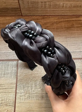 B305新款欧根纱编织黑色水晶头箍宽边韩国网红发饰黑色高级感发箍