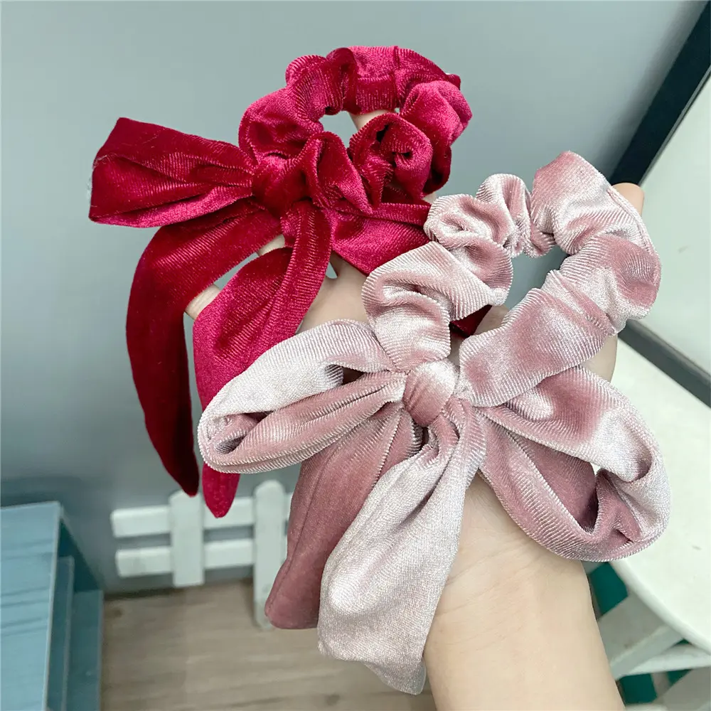 C118-1秋冬金丝绒皮筋纯色褶皱大肠发圈甜美大蝴蝶结飘带发绳