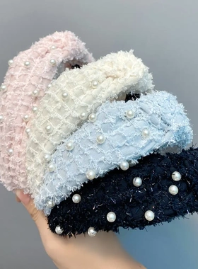 B238-1秋冬款羽毛纱钉珍珠打结发箍纯色甜美宽边头饰韩版仙女头饰