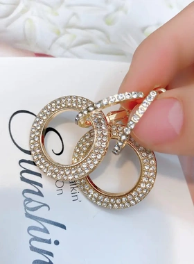 D016显脸瘦S925银新款耳环韩版圈圈满钻个性耳圈耳钉网红双环耳坠