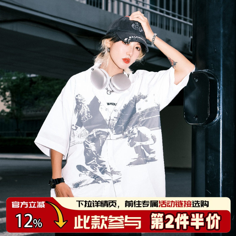 THEWIZBRAND 春夏美式复古卡通印花白色海滩短袖休闲制服衬衫男女