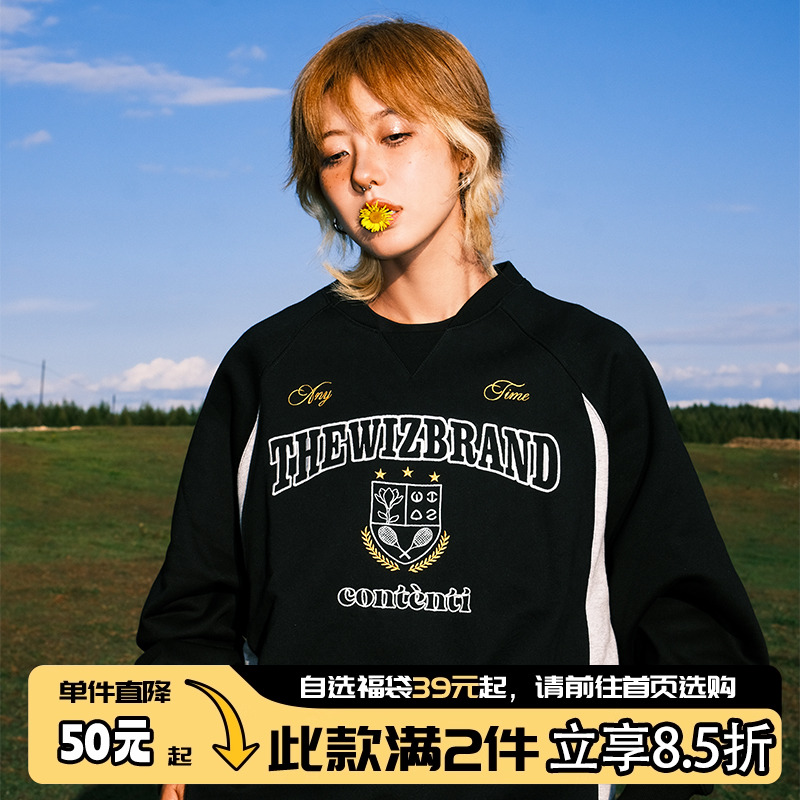 赛车风拼接刺绣圆领卫衣
