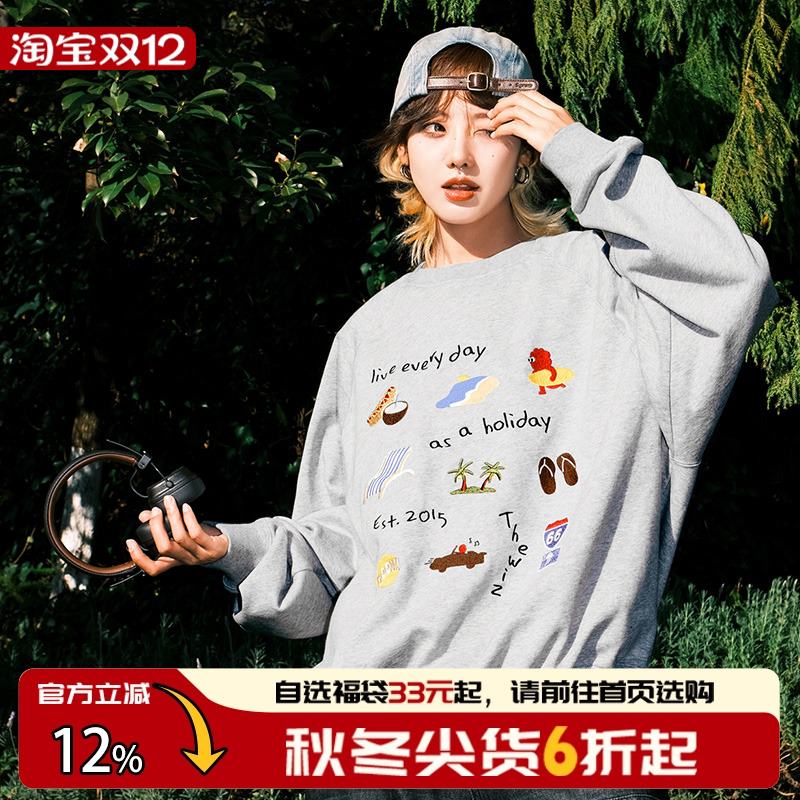 美式复古刺绣涂鸦圆领卫衣