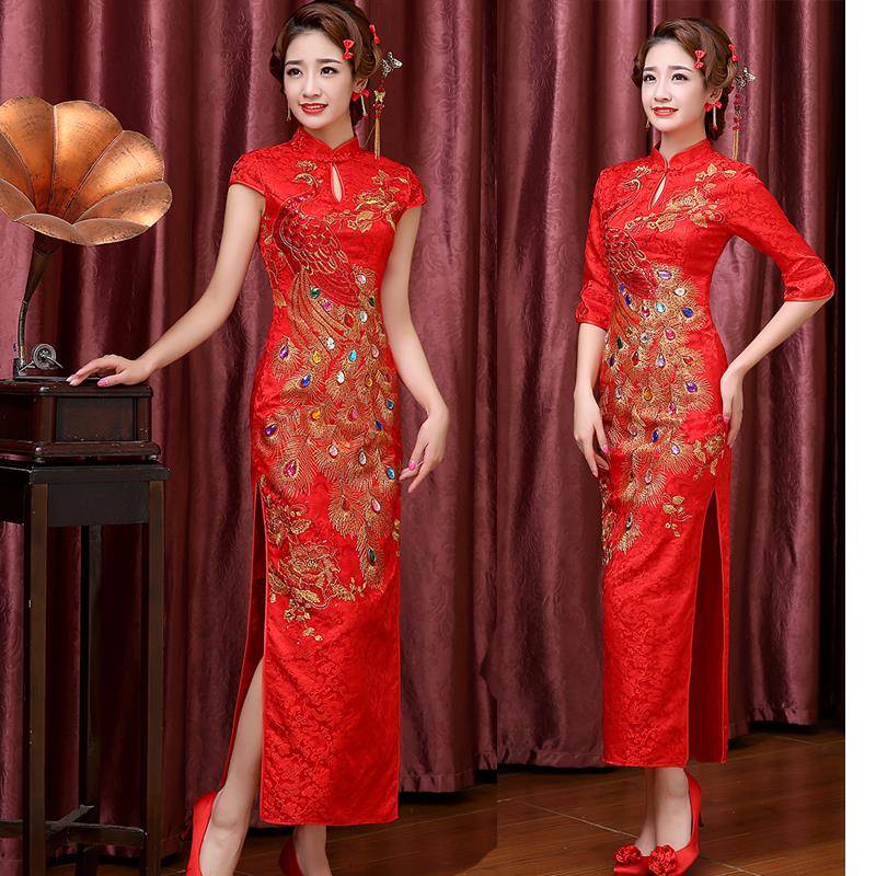 2021新款走秀旗袍长款演出中国风红色中式结婚礼服新娘敬酒服女春
