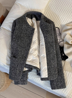 灰色羊毛毛呢短款外套女2025冬季保暖加绒加厚上衣呢外套女A7857