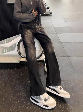 美式痞帅闪电纹牛仔裤男生高街vibe风设计感裤子直筒显瘦微喇长裤