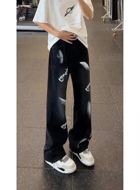 美式休闲微喇牛仔裤男新款vibe设计感涂鸦裤子直筒阔腿松弛感长裤