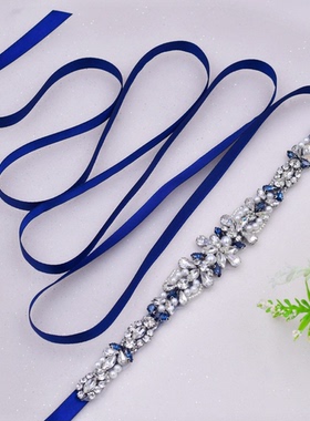 新款腰带宝蓝色新娘缎带手工缝制钉珠小众个性服装腰带礼服配饰