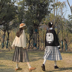 野驴 自制日系森女学院古着感美拉德格子百褶裙高腰毛呢半身长裙