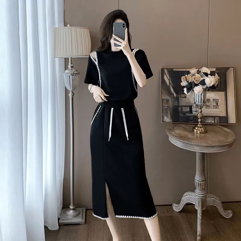 欧货黑色时尚套装裙女夏季露肩减龄洋气休闲运动短袖半身裙两件套