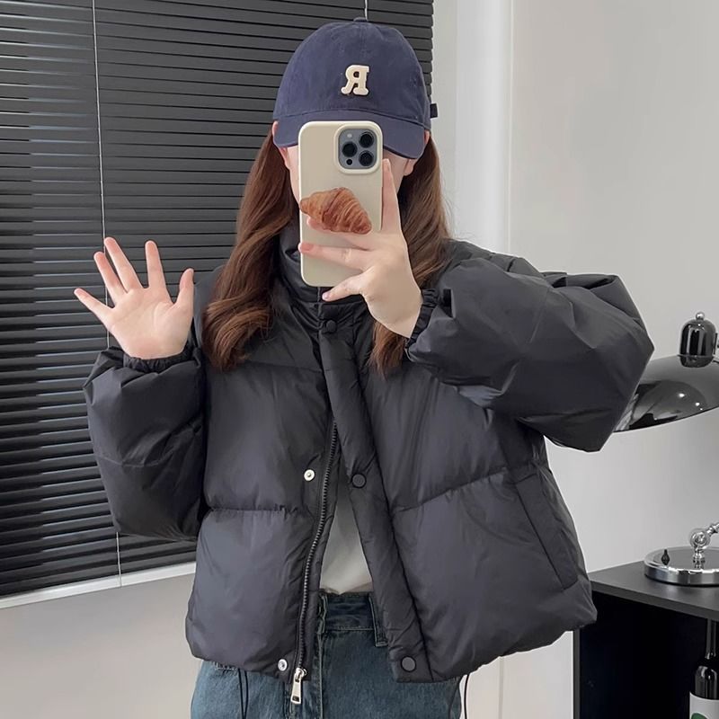 2025年短款棉服女冬季学院风外套立领学生加厚新款棉衣潮黑色蓝色