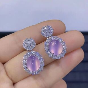 耳钉冰种粉玉髓大气款鸽子蛋925银耳钉 时尚白玛瑙女款玉石耳环坠