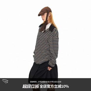 美式 BLACKBB 卫衣秋季 条纹假两件撞色拼接翻领polo衫 宽松上衣 长袖