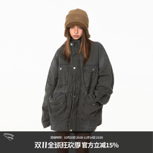 BLACKBB 牛仔外套多口袋设计感宽松夹克上衣 复古水洗做旧落肩工装