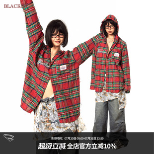 复古连帽刺绣贴布衬衫 BLACKBB 红色格子毛边衬衣外搭男女宽松上衣