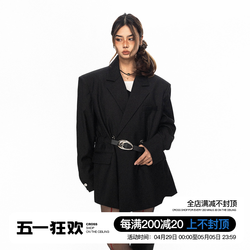 BLACKBB/高级感腰带收腰廓形黑色西装外套女2024春秋新款垫肩西服