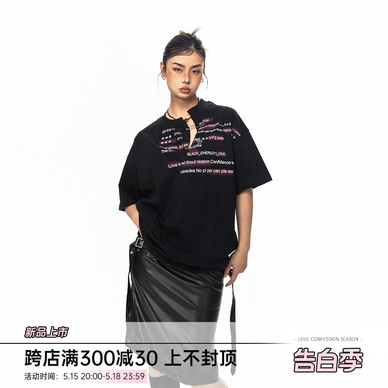 BLACKBB/美式复古别针破坏印花短袖T恤女小众设计感宽松休闲半袖 女装/女士精品 T恤 原图主图