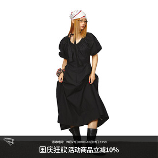 BLACKBB V領(lǐng)收腰泡泡短袖 連衣裙女夏新款 露背插腰口袋中長(zhǎng)裙 美式